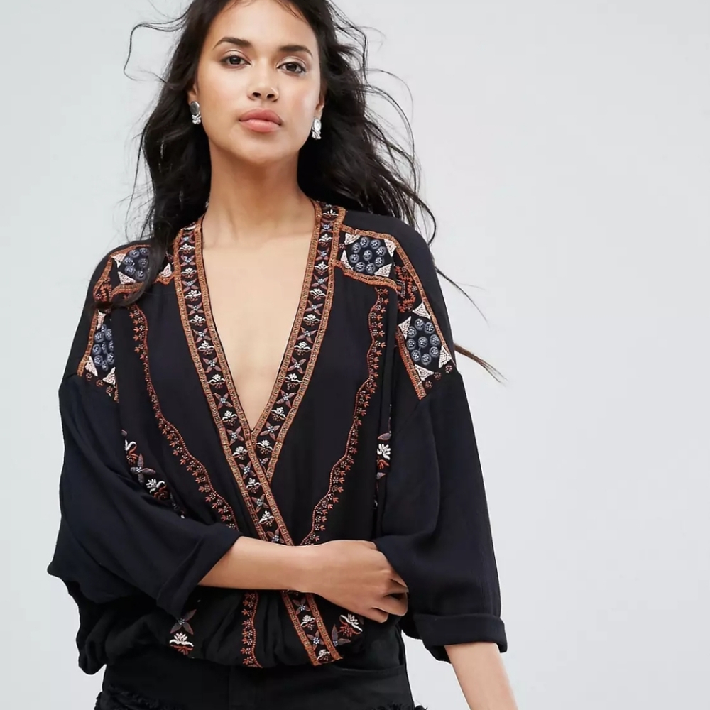 Free People Crescent Moon Embroidered Blouse